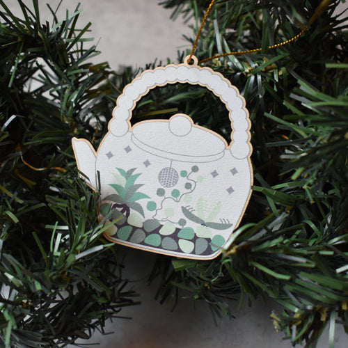 Terrarium Teapot Wood Ornament